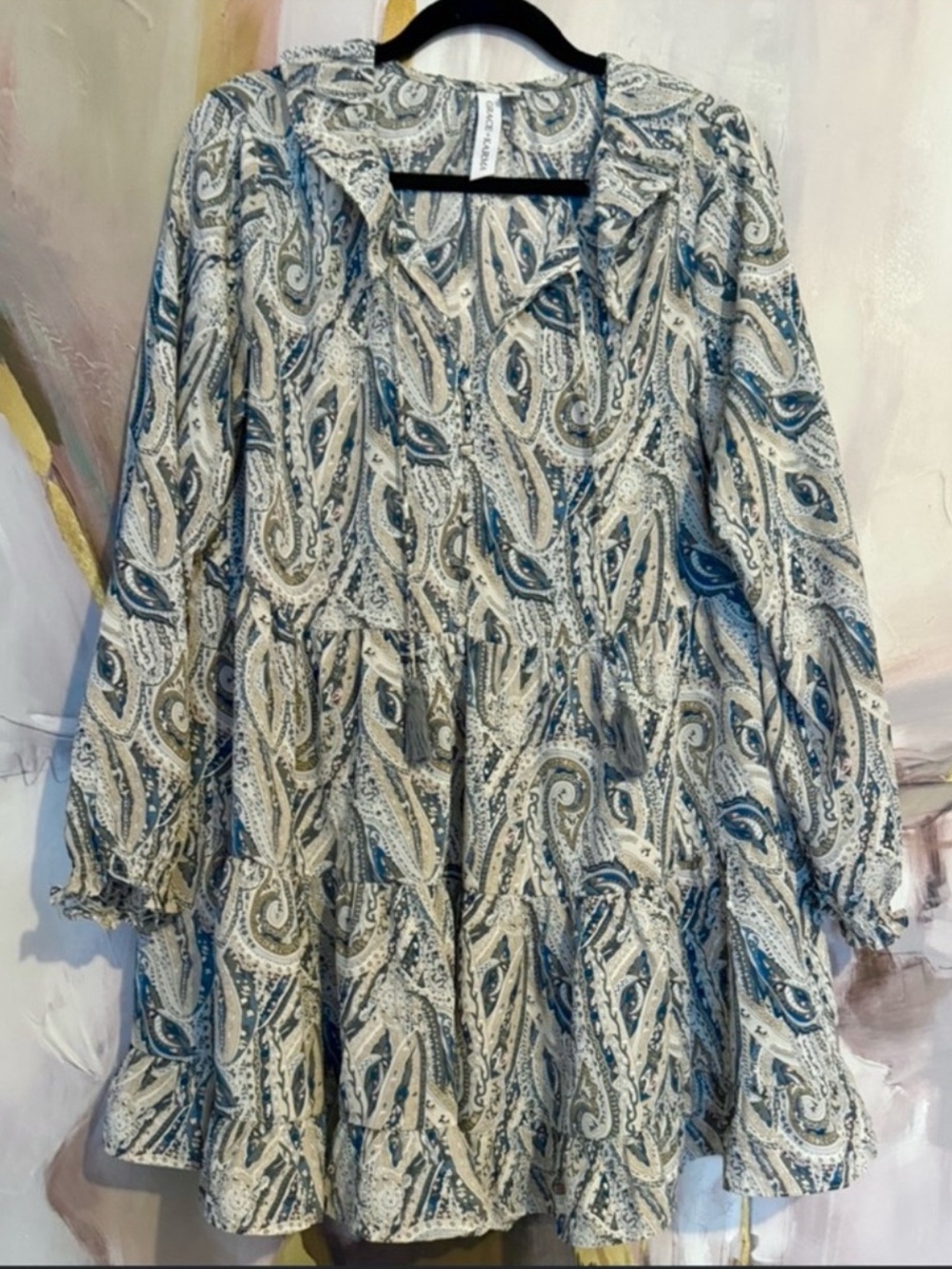 NWOT Grace + Karma Paisley Tiered Boho Babydoll Dress - Light Blue